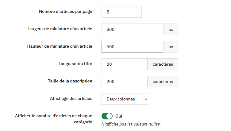 Configuration des catégories - réglages principaux