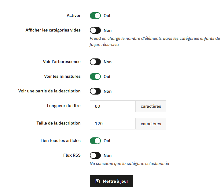 Configuration du bloc des catégories