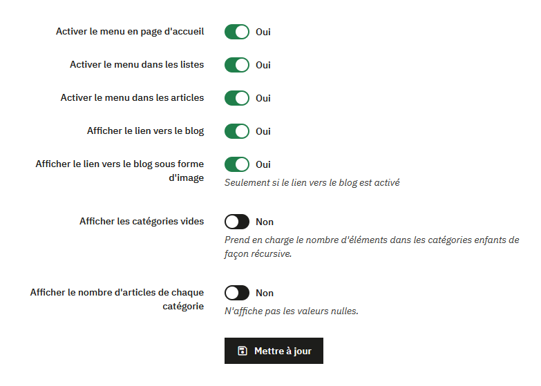 Menu catégories dans les pages du blog