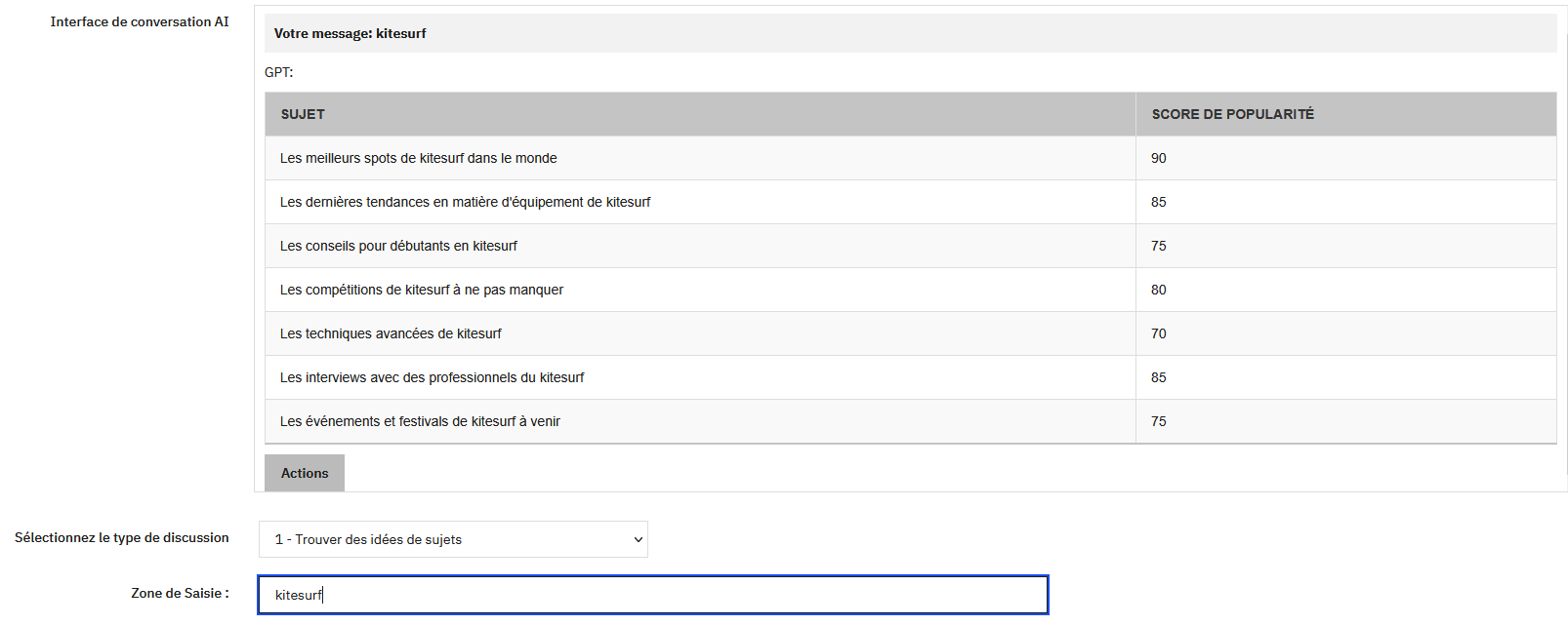 Interface de l'outil d'IA