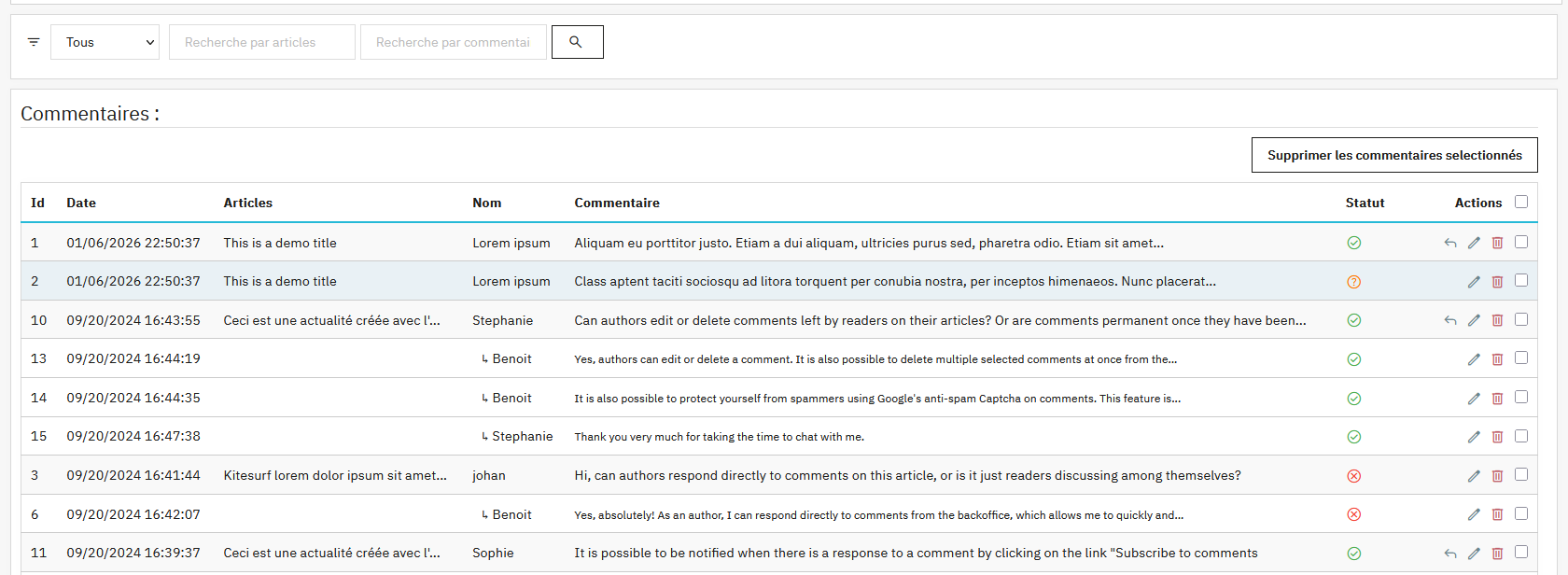 Interface de gestion des commentaires