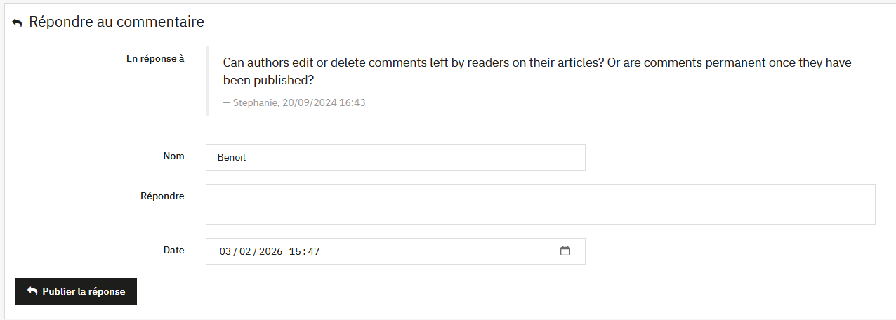 Interface de réponse à un commentaire