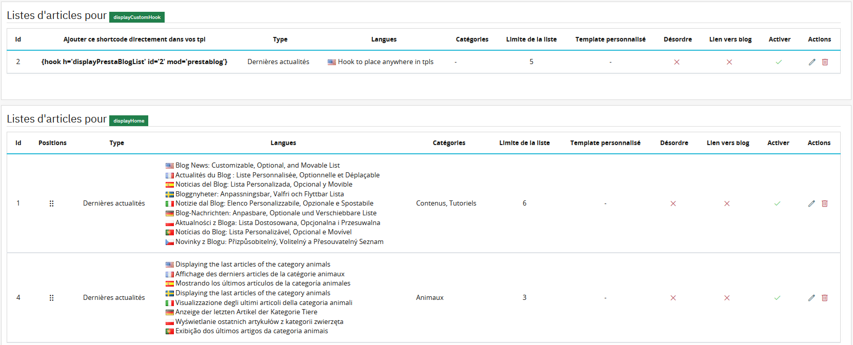 Interface de gestion des listes d'articles personnalisés