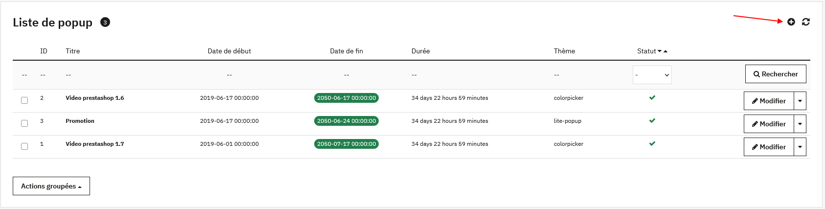 Interface de configuration d'une pop-up