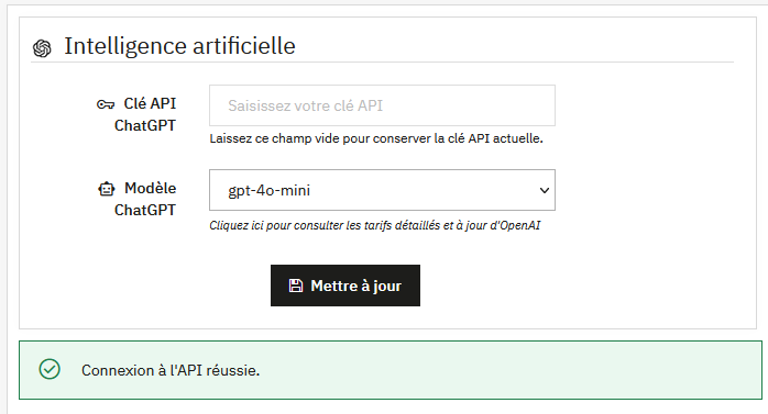 Interface de configuration de l'API ChatGPT
