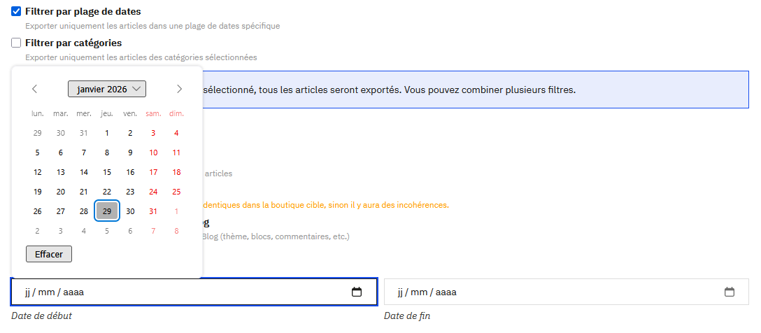 Sélection de la plage de dates