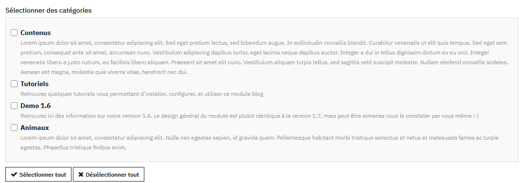 Sélection des catégories