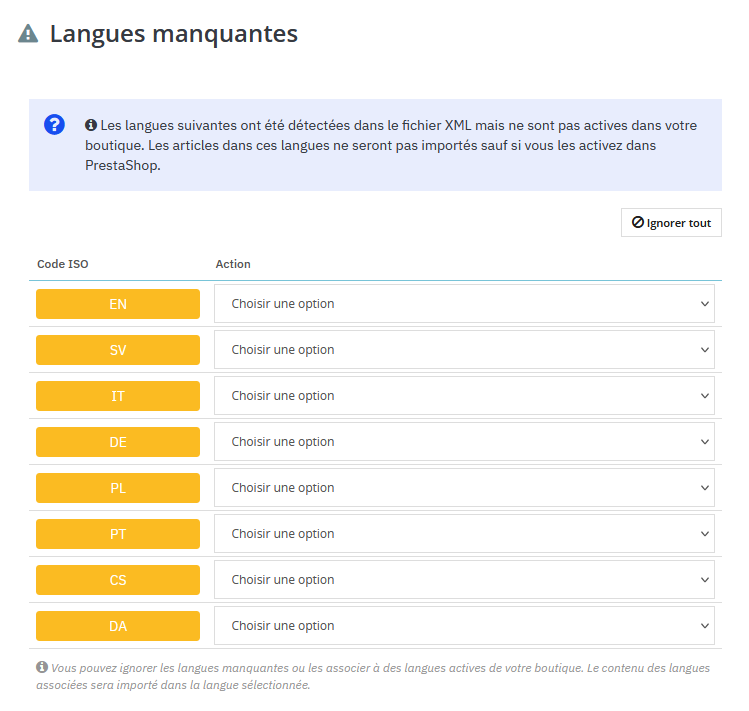 Gestion des langues manquantes