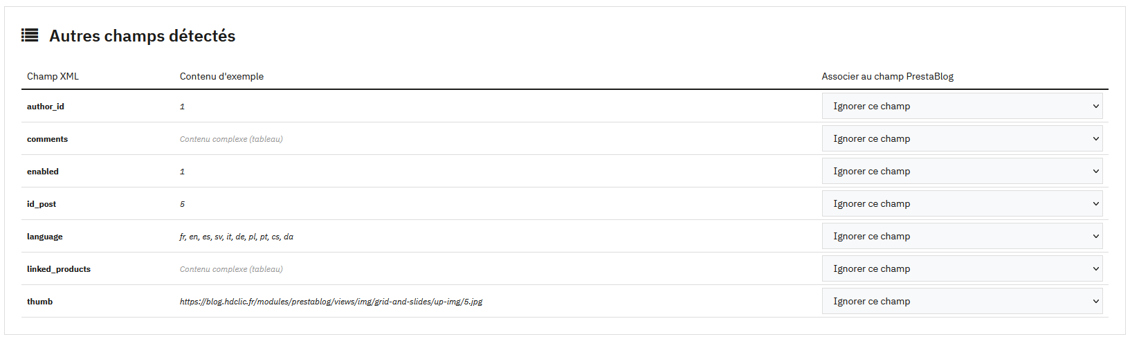 Autres champs détectés