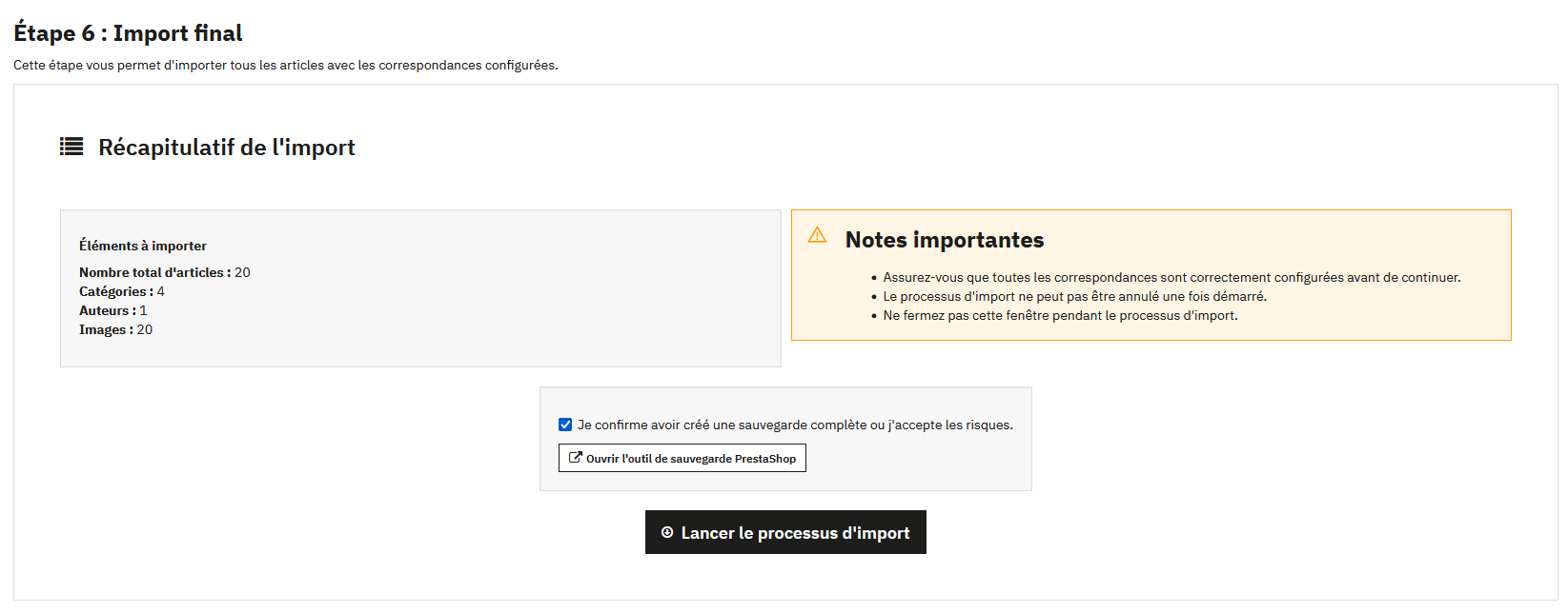 Récapitulatif de l'import final