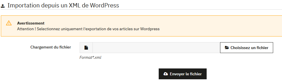 Interface d'import WordPress - Chargement du fichier XML