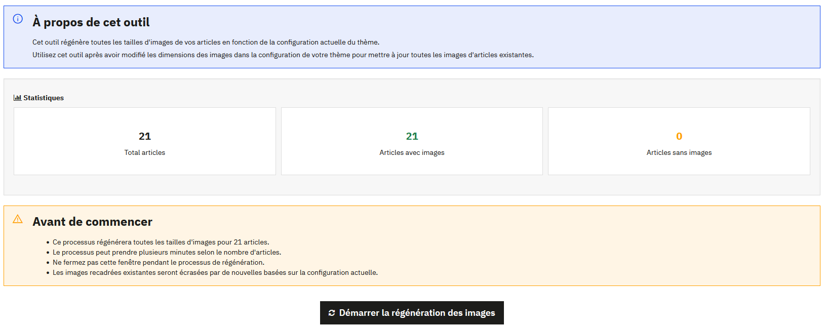 Interface de régénération des images - Statistiques et avertissements