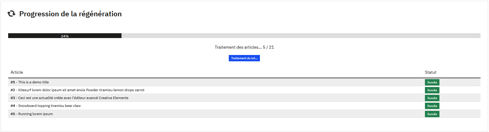 Barre de progression de la régénération des images