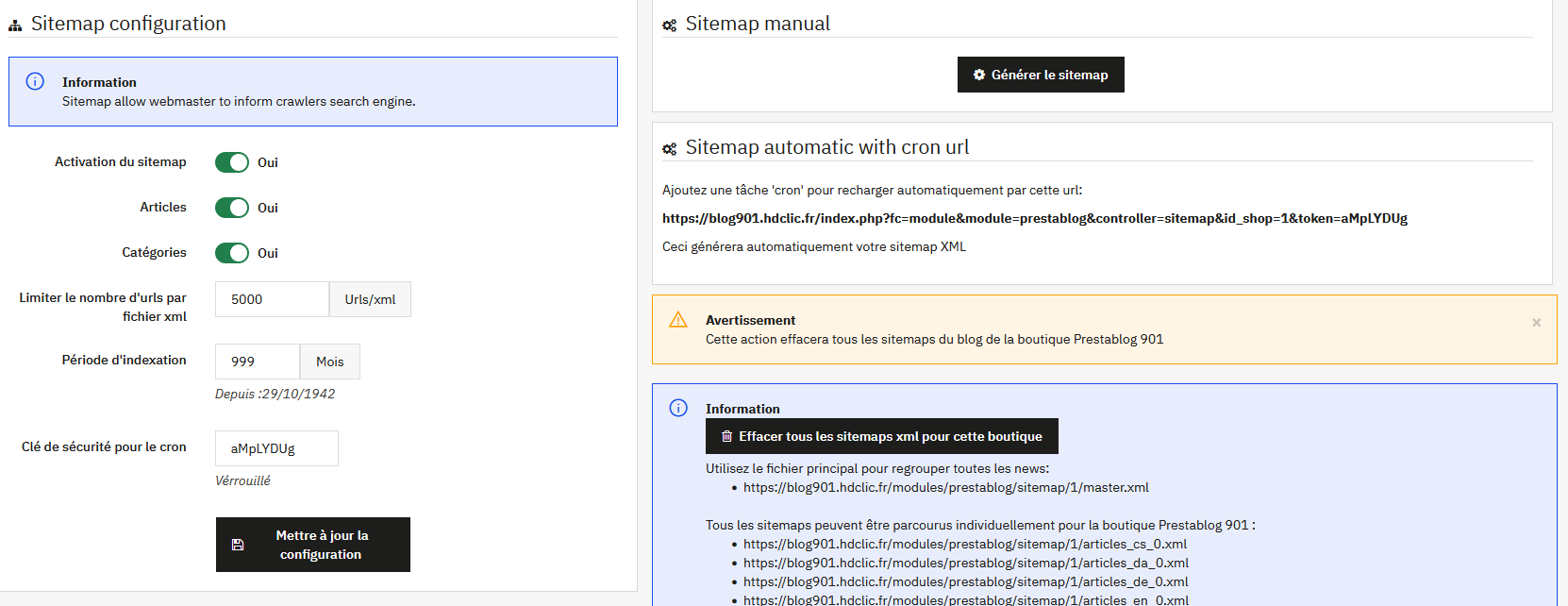 Interface de configuration du sitemap
