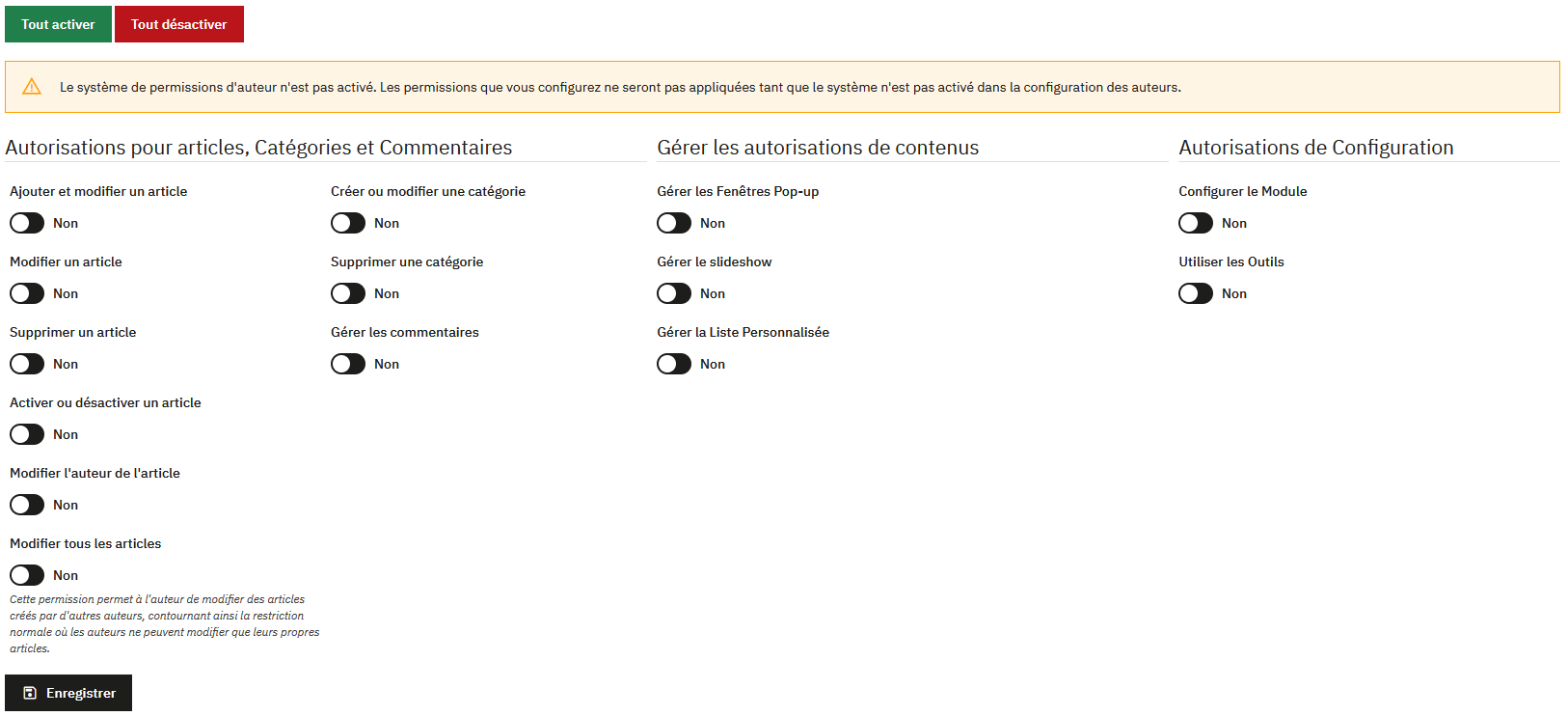 Configuration des permissions des auteurs