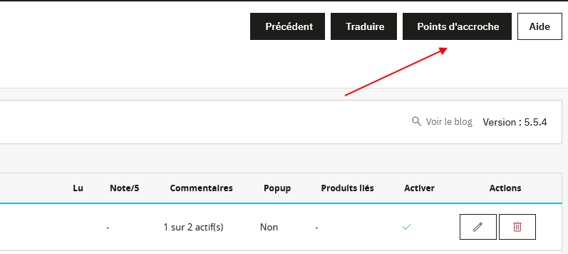 Bouton Points d'accroche dans l'administration PrestaBlog