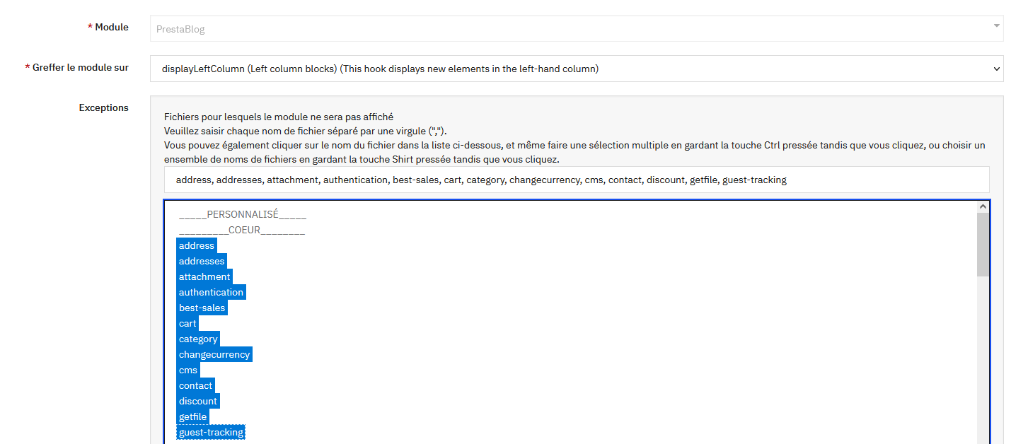 Sélection des exceptions de pages pour masquer le bloc
