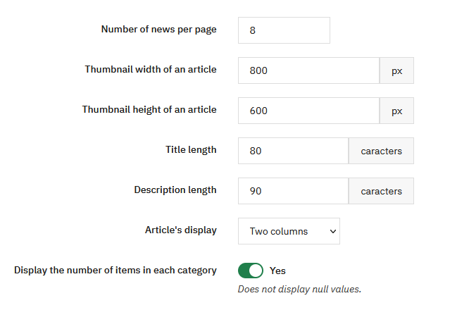 Category configuration - main settings