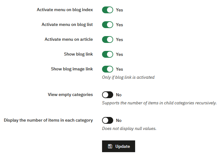 Categories menu in blog pages