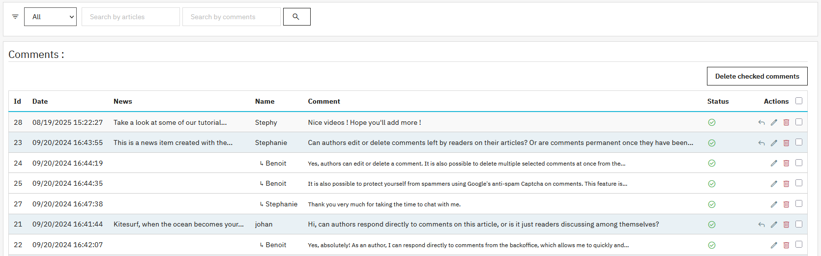 Comment management interface