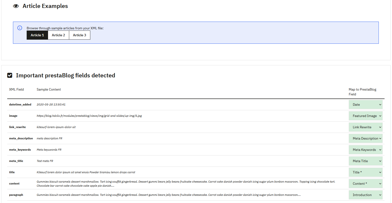 Article examples and detected fields