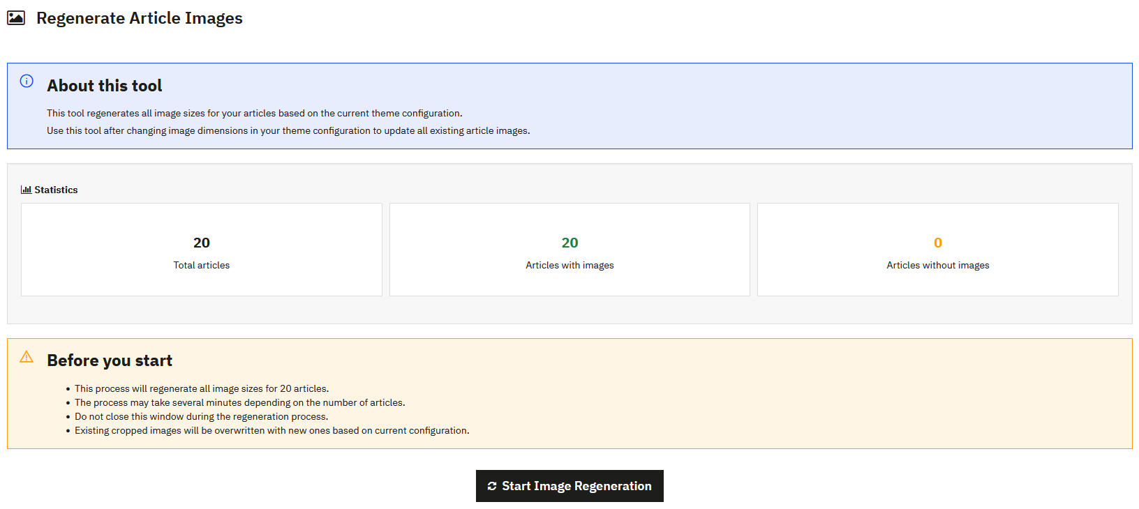 Image regeneration interface - Statistics and warnings