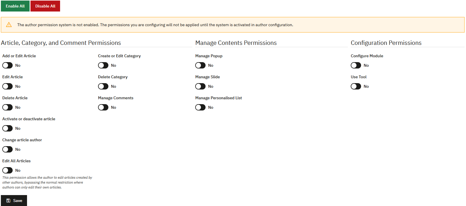 Author permissions configuration