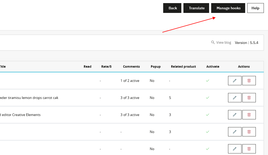 Boton Puntos de enganche en la administracion de PrestaBlog