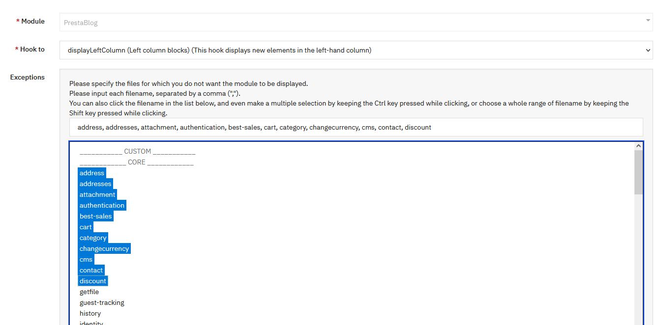 Seleccion de excepciones de paginas para ocultar el bloque